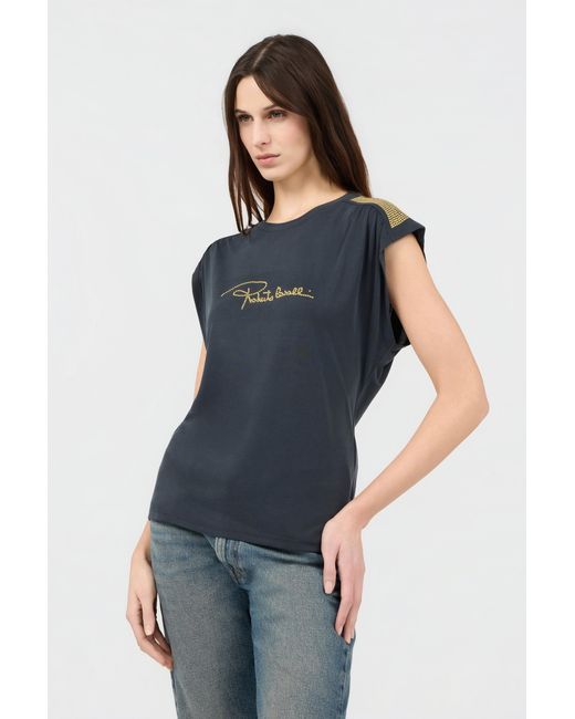 Roberto Cavalli Blue Anthracite T-Shirt With Studded Shoulders