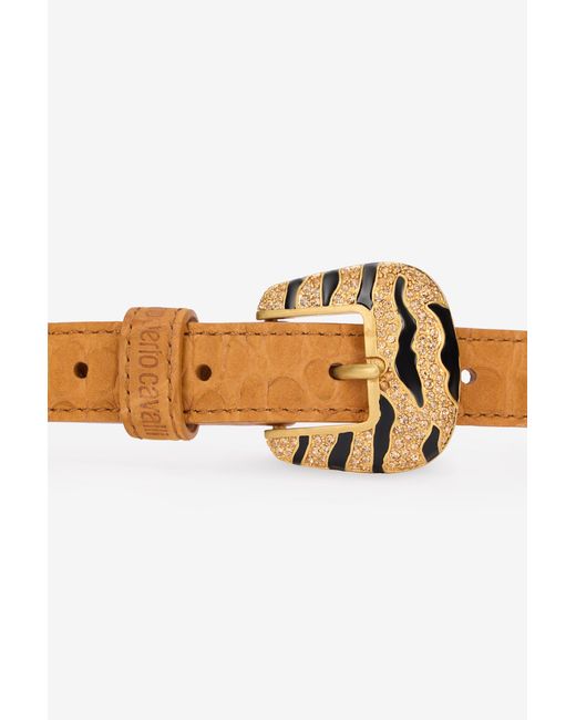 Roberto Cavalli White Crocodile-Effect Belt With Bejeweled Buckle