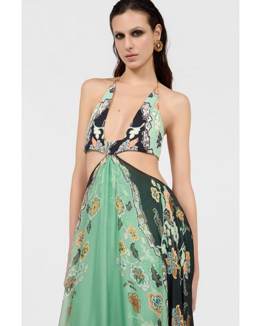 Roberto Cavalli Green Kimono Print Silk Maxi Dress