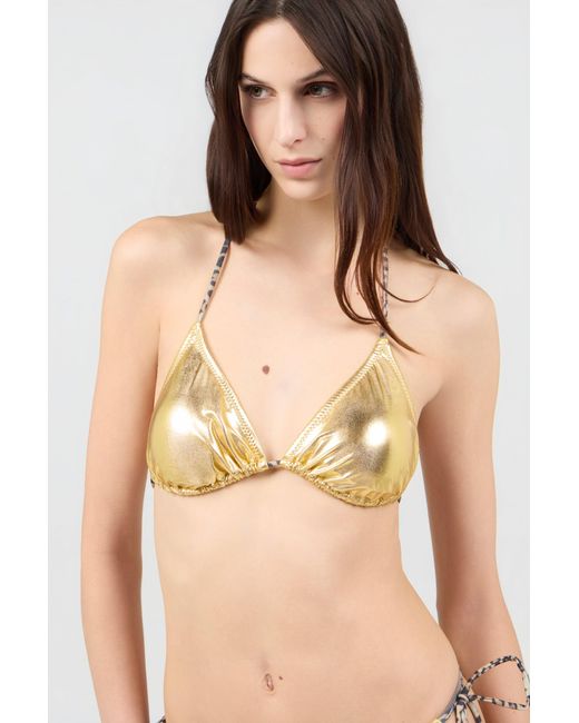 Roberto Cavalli Metallic Laminated Bikini With Leopard Print Ties