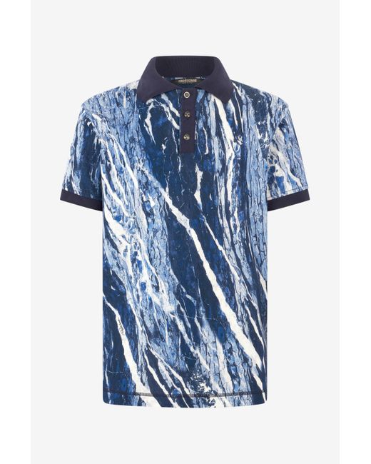 Roberto Cavalli Blue Polo Shirt With Rubane Print for men