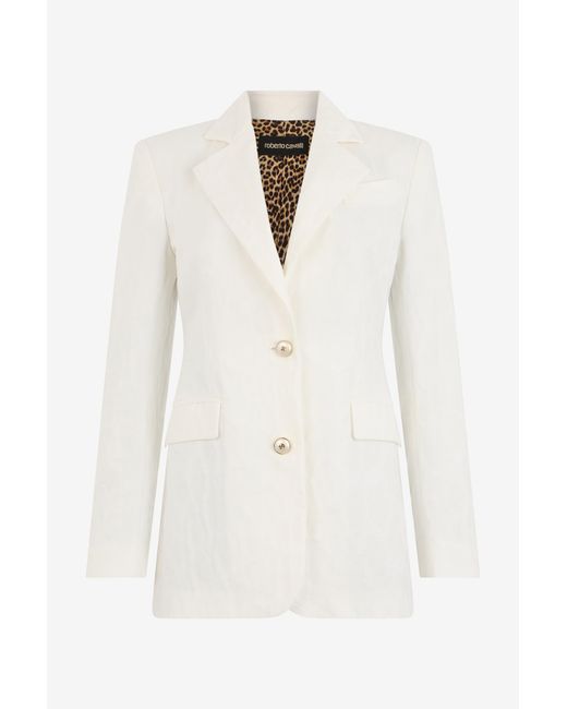 Roberto Cavalli Natural Cotton Jacquard Blazer With Leopard Print