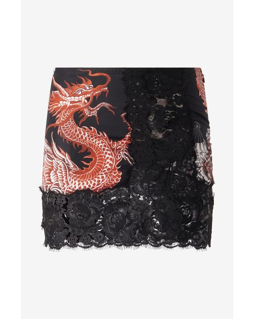 Roberto Cavalli Black Silk Miniskirt With All-Over Dragon