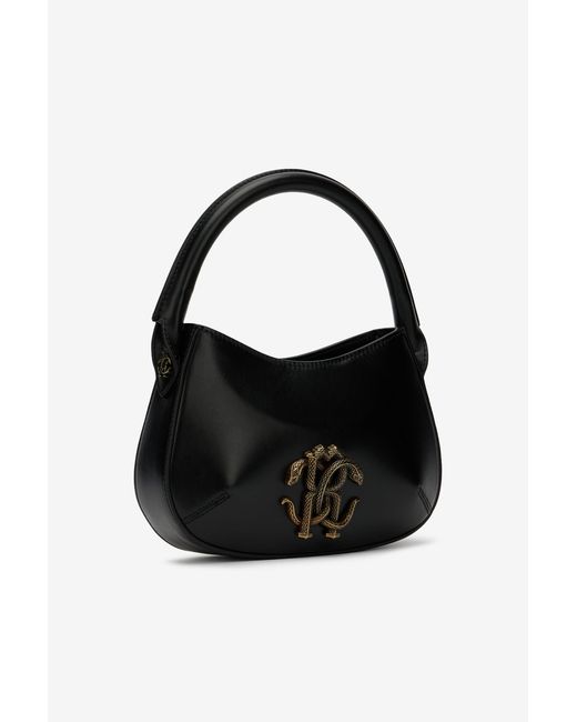 Roberto Cavalli Black Leather Top Handle Bag With Monogram Rc
