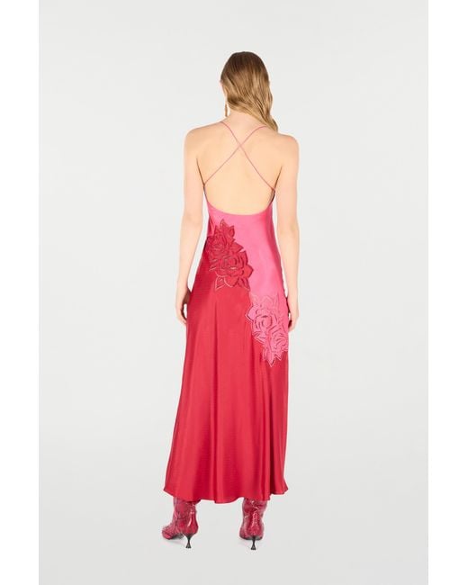 Roberto Cavalli Red Long Dress With Perforated Rose Pattern