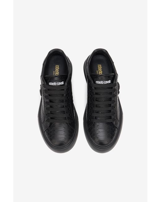 Roberto Cavalli Black Snake-Embossed Sneaker With Monogram Rc