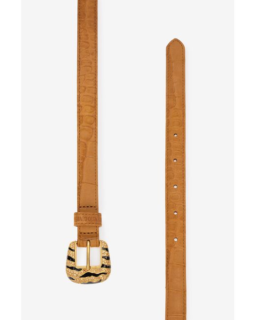Roberto Cavalli White Crocodile-Effect Belt With Bejeweled Buckle
