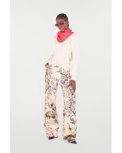 Roberto Cavalli White Jeans With Oriental Bird Print