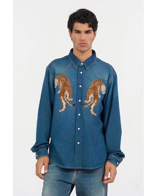 Roberto Cavalli Blue Denim Shirt With Tiger Embroidery for men