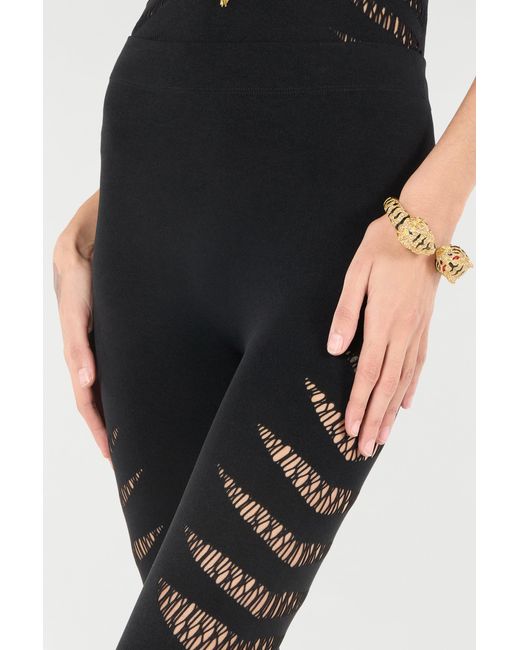 Roberto Cavalli Black Perforated Python Pattern Leggings