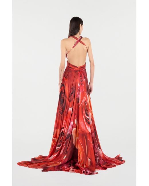 Roberto Cavalli Women's Red Long Dress With Rose Print And Cut-Out