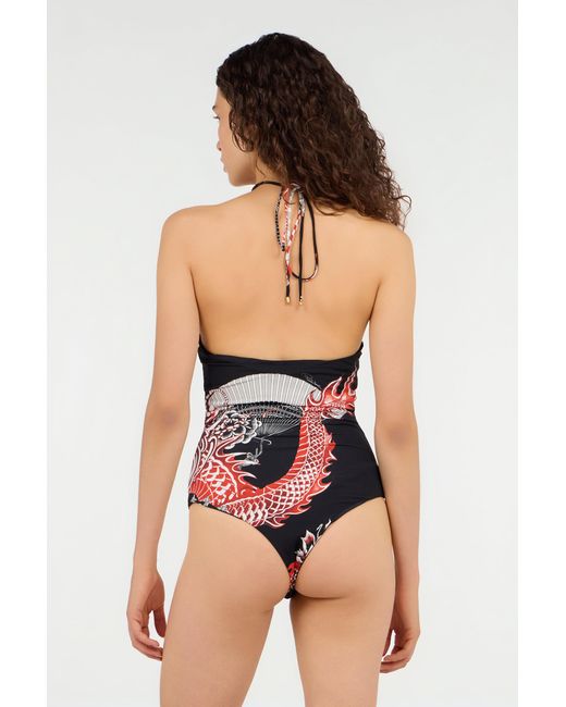 Roberto Cavalli Red Bodysuit With Dragon, Flowers And Fans