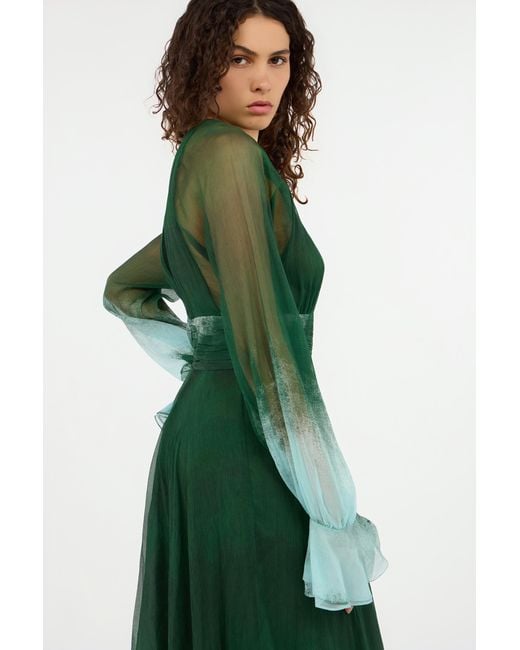 Roberto Cavalli Green Long Empire-Style Pure Silk Dress