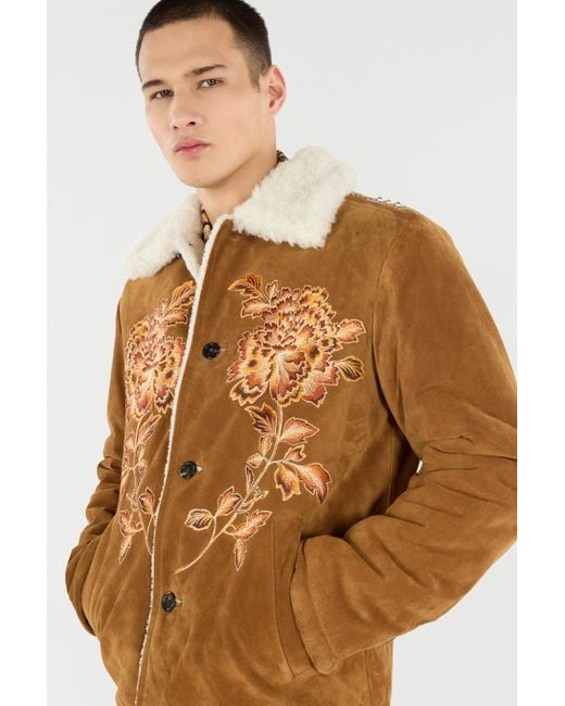 Roberto Cavalli Brown Suede Leather Jacket With Flowers And Tigers for men
