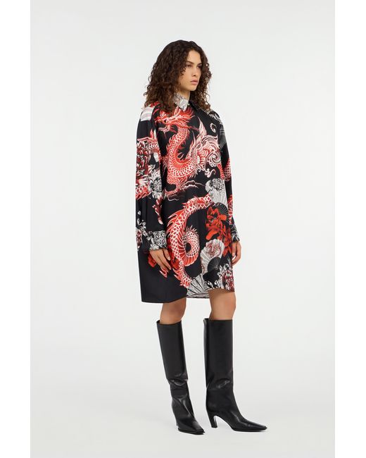 Roberto Cavalli Red Short Dress With And Dragon Print