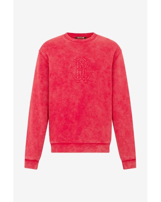 Roberto Cavalli Red Stone-Washed Sweatshirt With Monogram Rc for men