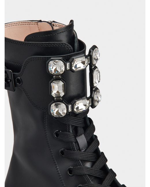Roger Vivier Walky Viv' Strass Buckle Lace Up Boots In Leather in Black |  Lyst
