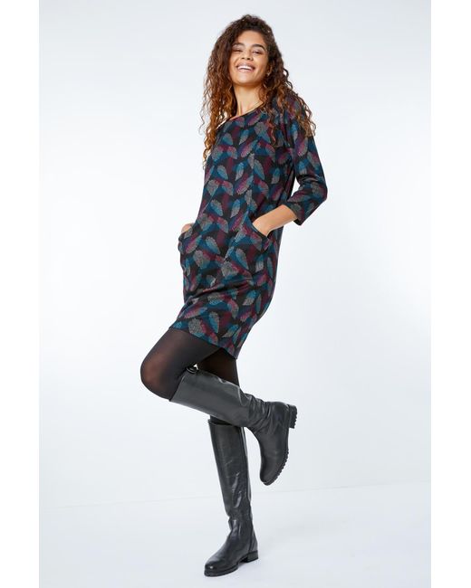 Roman Blue Leaf Print Pocket Shift Dress