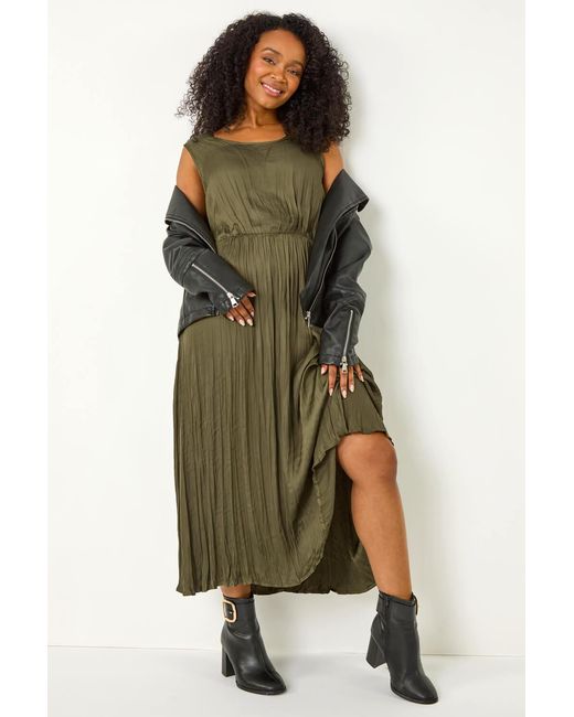 Roman Petite Green Crush Pleat Midi Dress