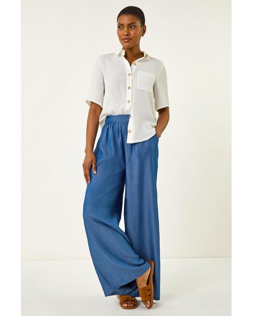 Roman Blue Pleated Full Length Wide Leg Trouser