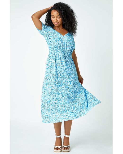 Roman Petite Blue Ditsy Floral Stretch Midi Dress