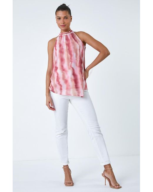 Roman Pink Printed Mesh High Neck Tie Top