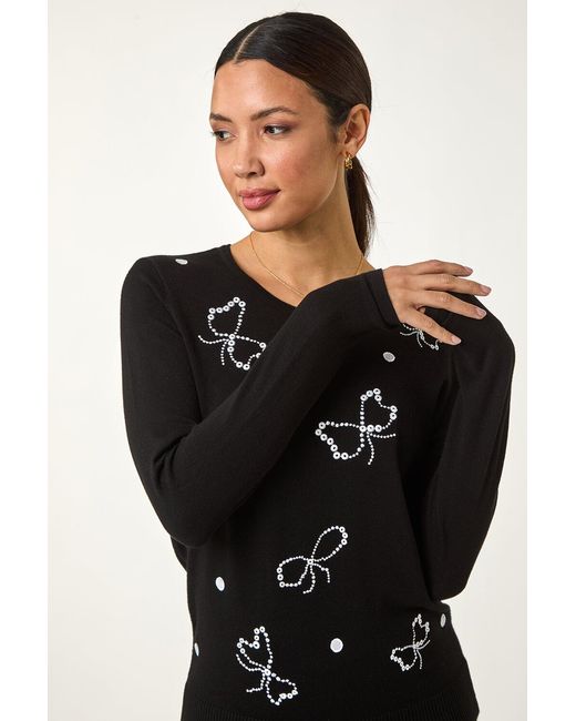 Roman Black Embroidered Bow Detail Knit Jumper