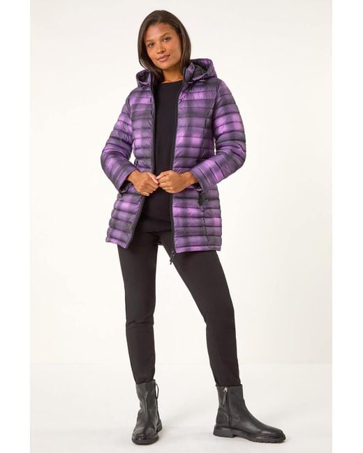 Roman Purple Check Print Quilted Puffer Coat