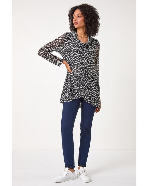 Roman Blue Abstract Print Cowl Neck Stretch Top