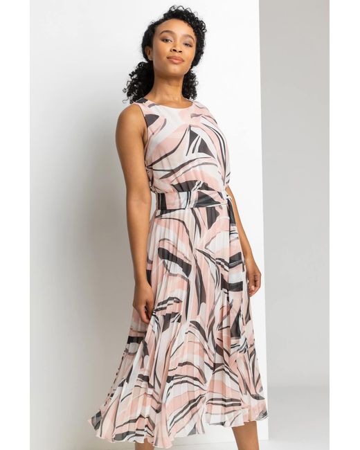 Roman Petite Pink Abstract Print Pleated Midi Dress