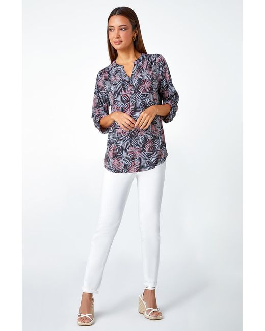 Roman Blue Leaf Print Stretch V-Neck Blouse