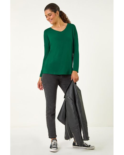 Roman Green V-Neck Tunic Stretch Top