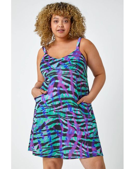 Roman Curve Blue Sleeveless Zebra Print Stretch Dress