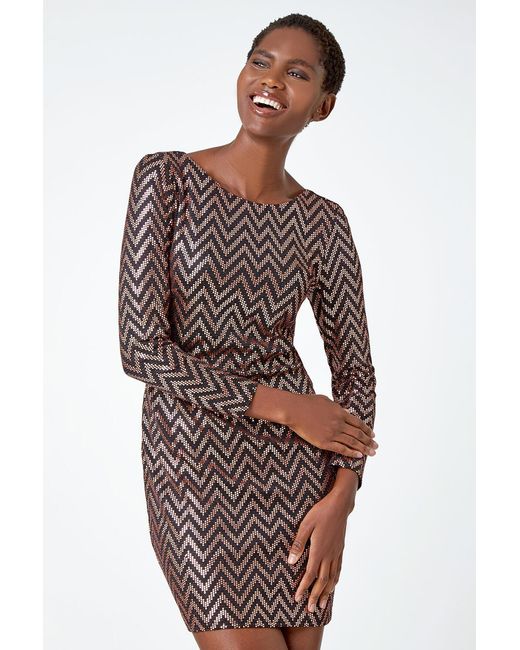Roman Metallic Zig Zag Sequin Stretch Shift Dress