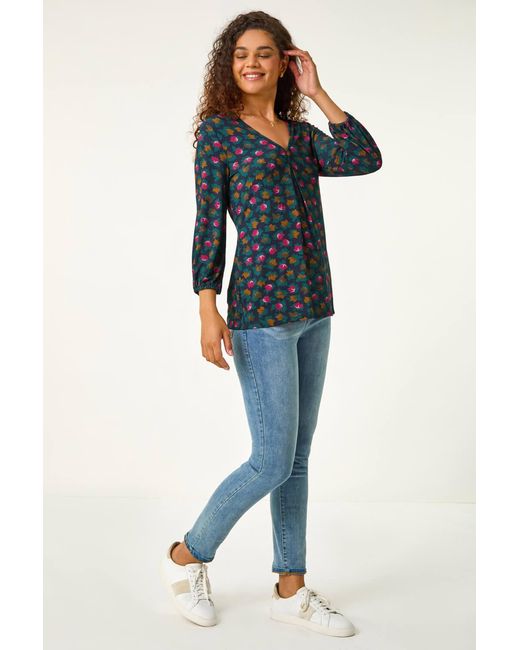 Roman Blue Floral Print Front-Pleat Top