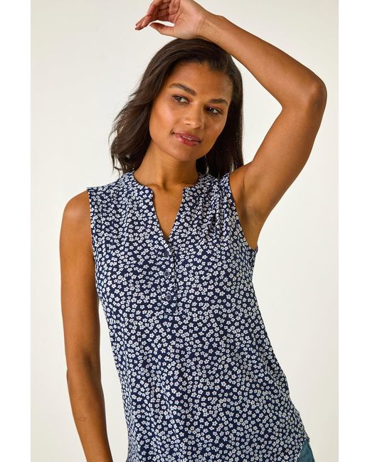 Roman Blue Textured Floral Print V-Neck Stretch Top