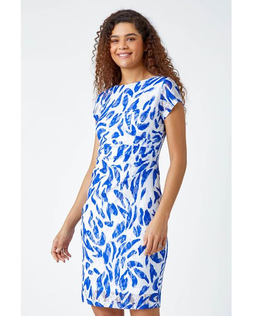 Roman Blue Leaf Print Stretch Lace Dress