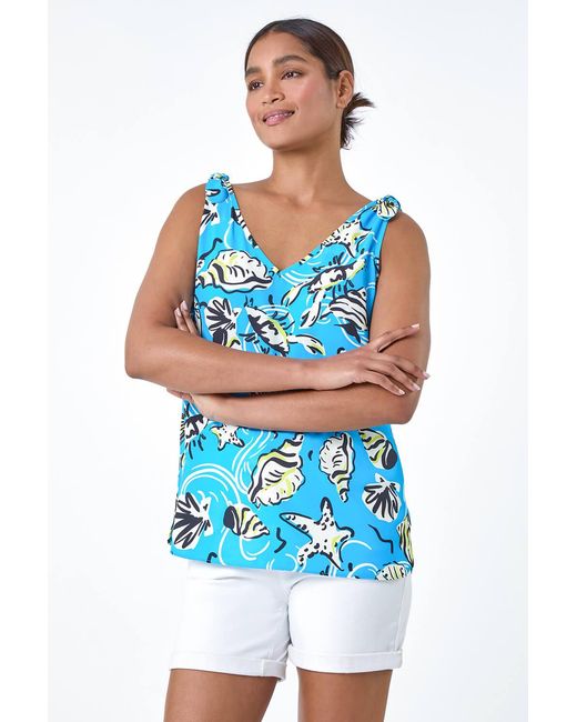 Roman Blue V-Neck Shell Print Cami Vest Top