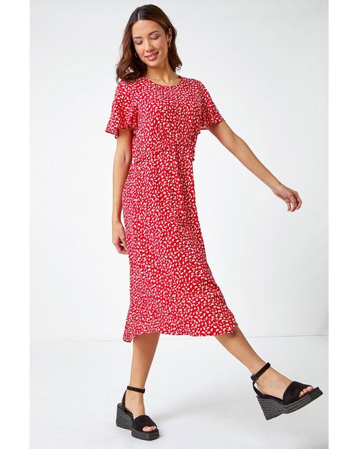 Roman Red Ditsy Print Frill Waist Midi Dress