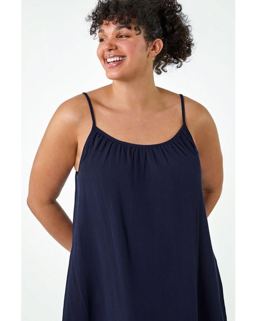 Roman Curve Blue Strappy Cotton Pocket Dress