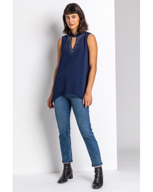 Roman Blue Sparkle High Neck Keyhole Top