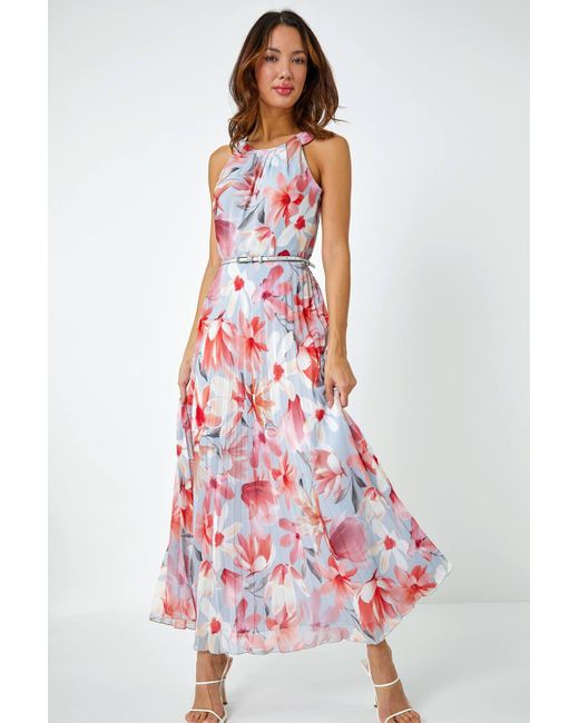 Roman White Floral Pleated Halterneck Maxi Dress