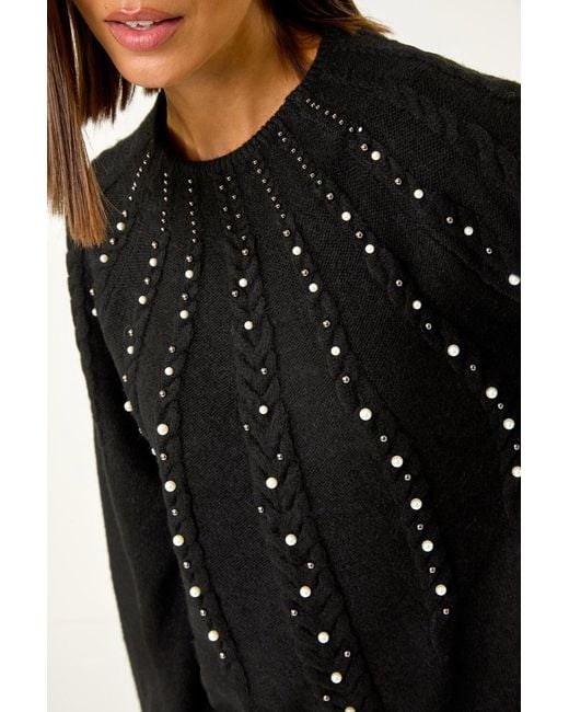 Roman Black Faux Pearl Cable Knit Jumper