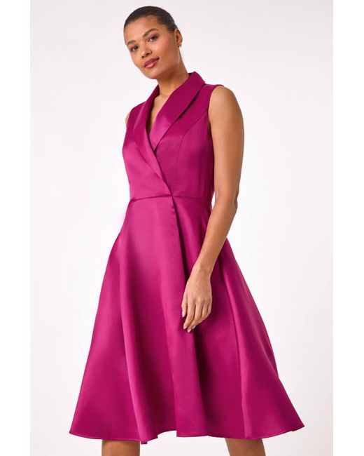 Roman Pink Satin Tuxedo Style Midi Dress