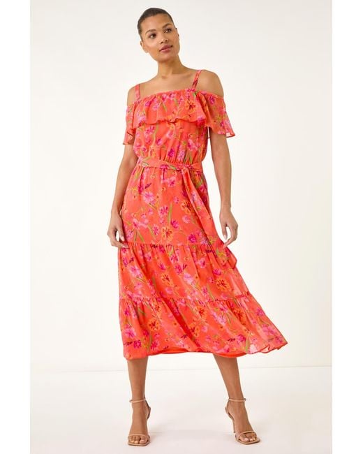 Roman Red Floral Bardot Midi Dress