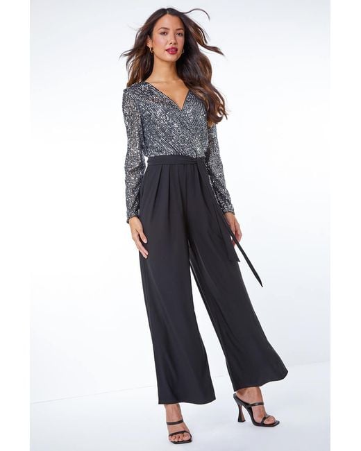 Roman Blue Sequin Wrap Bodice Jumpsuit