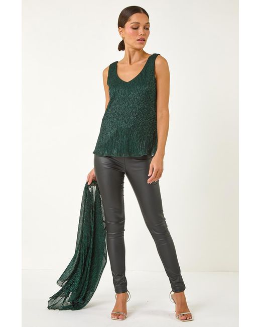 Roman Green V-Neck Metallic Plisse Vest Top