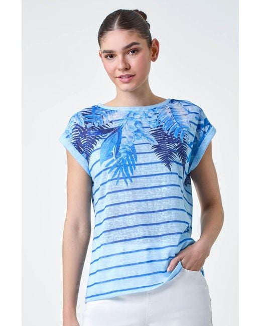 Roman Blue Tropical Leaf Stripe Stretch T-shirt