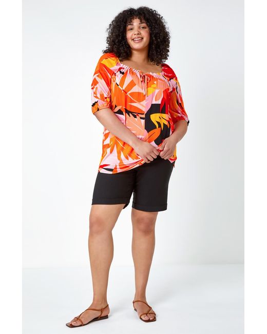 Roman Curve Orange Floral Stretch Jersey Top