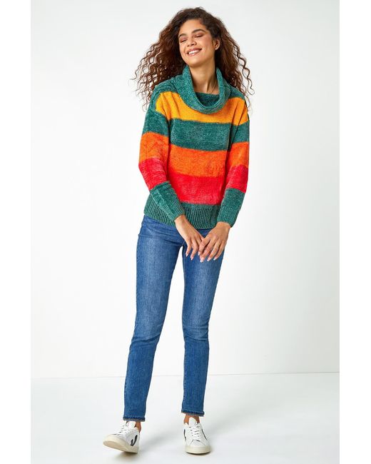 Roman Blue Chenille Striped Cowl Neck Jumper